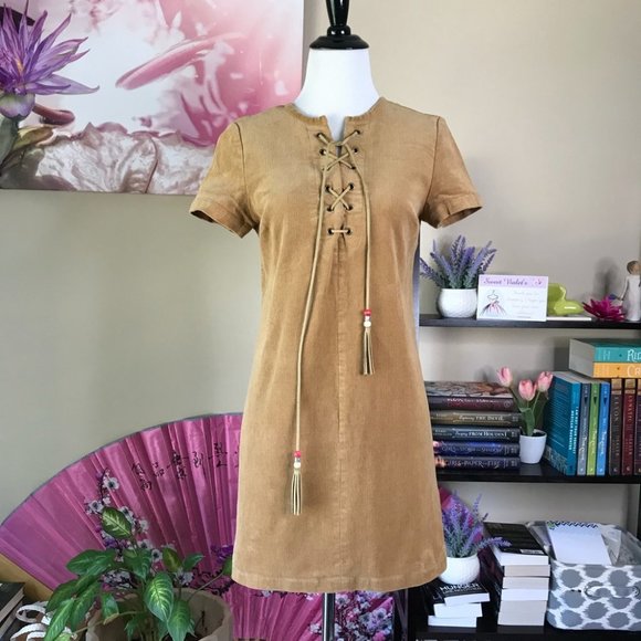 ✨ NWT Camel Corduroy Lace Up Tassel Dress - Picture 3 of 11